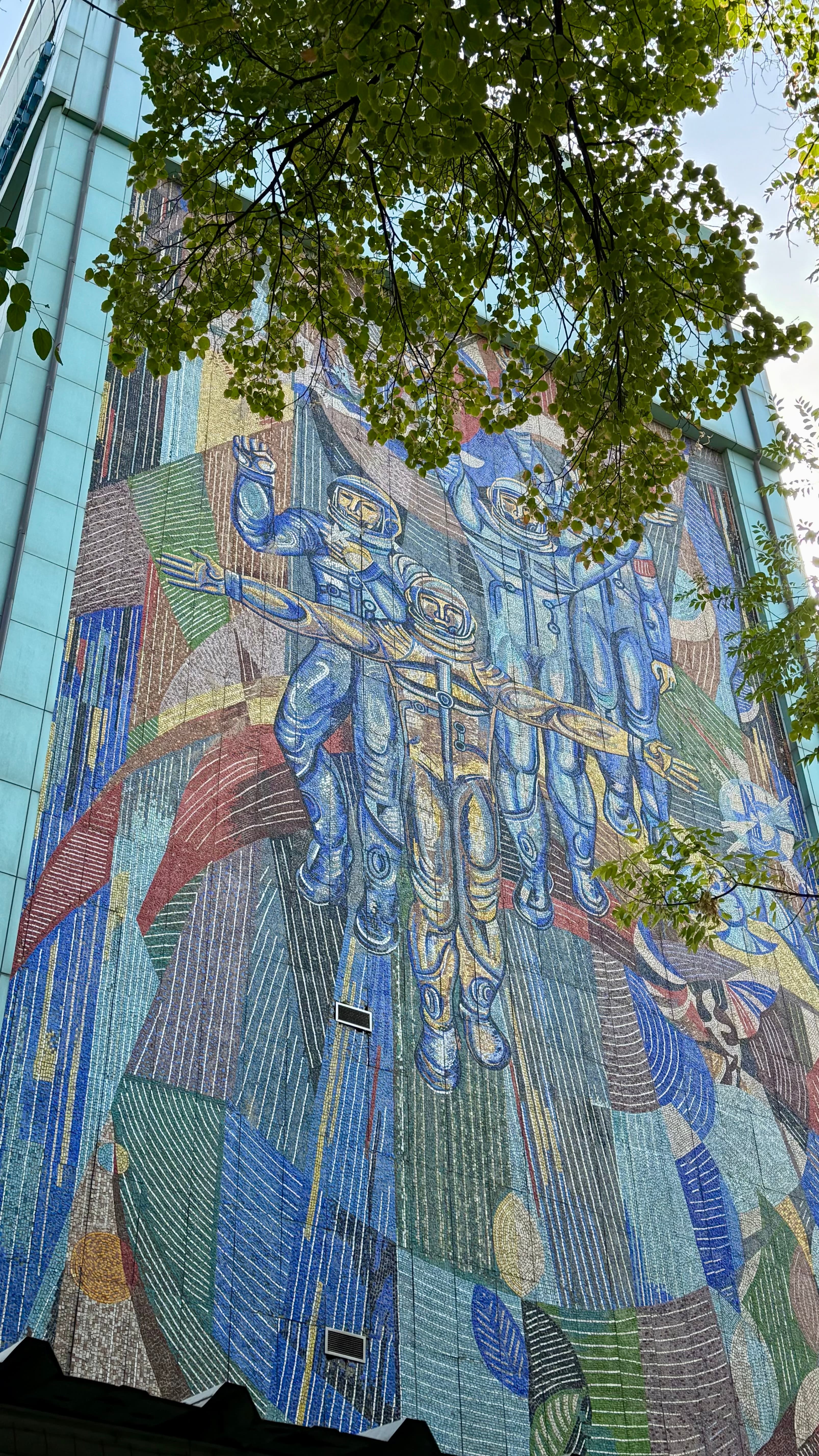 Soviet-era mosaic of a cosmonaut in Almaty, Kazakhstan