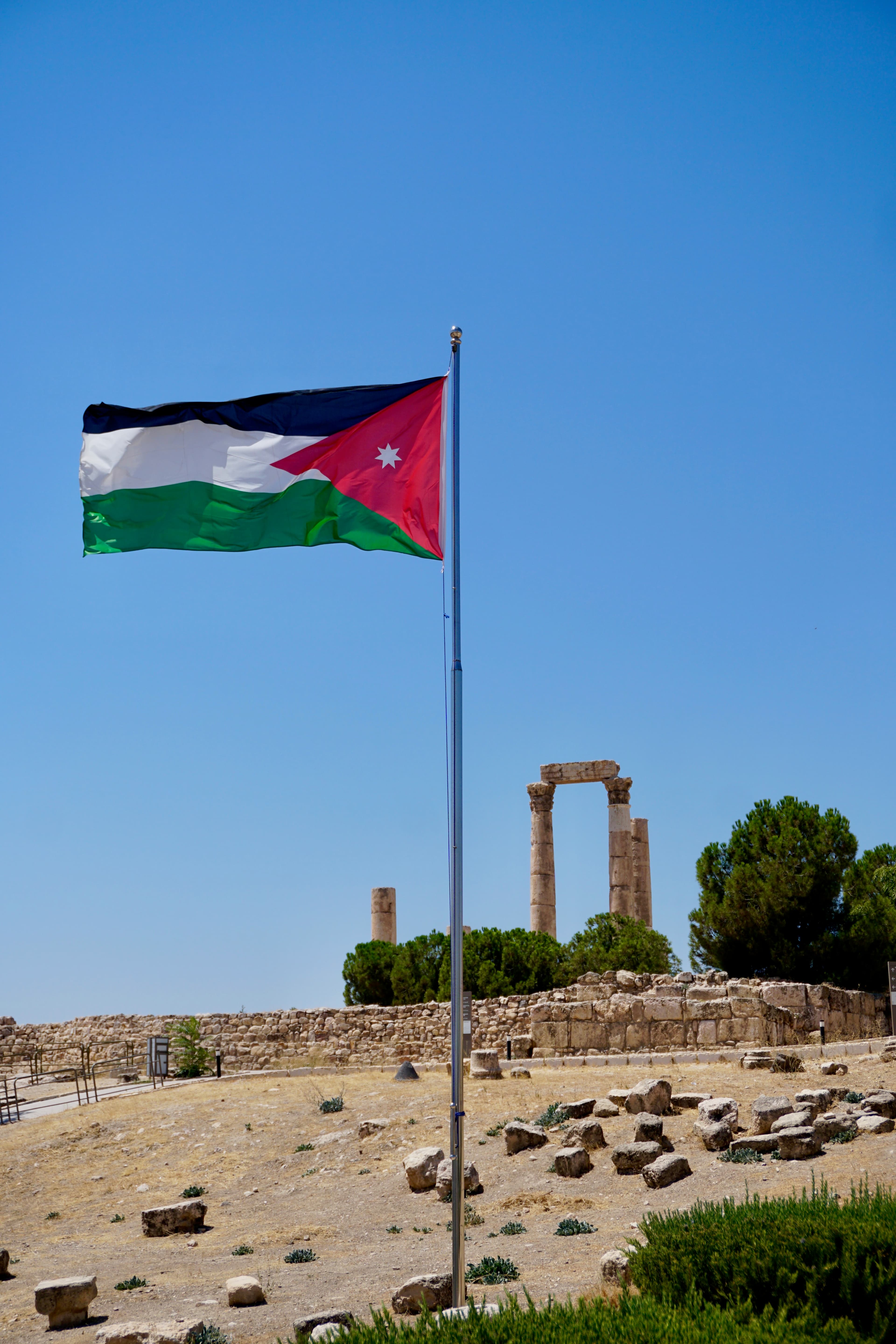 The giant Jordanian flag flying over the Amman Citadel on Jabal al-Qala'a