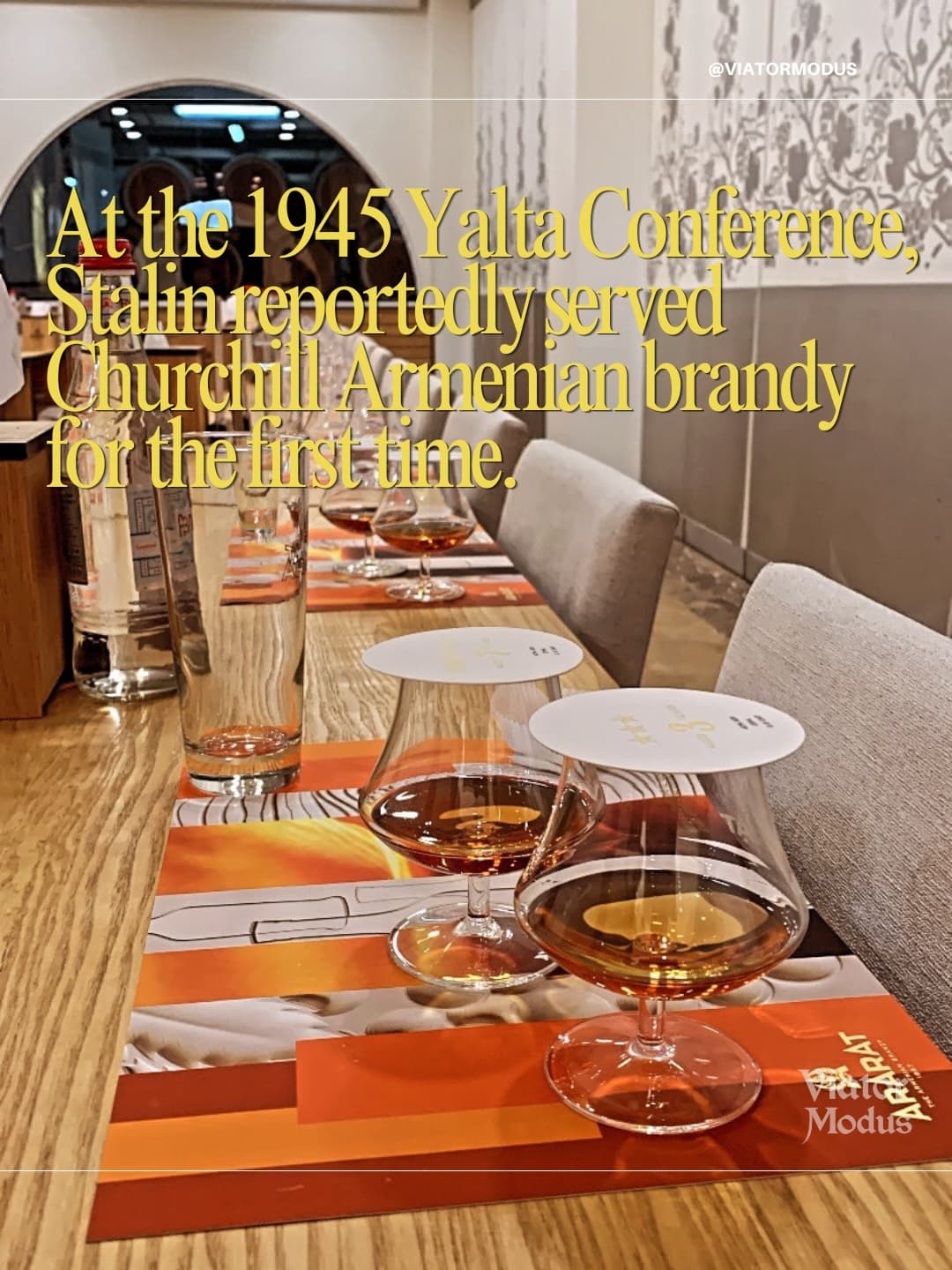 Brandy tasting at the 1945 Yalta-style table setting
