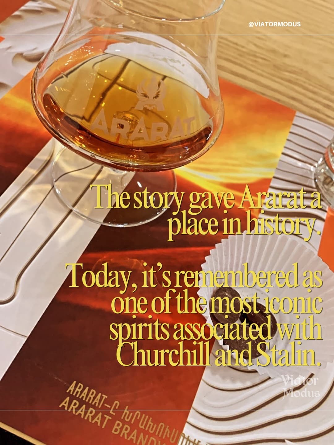 Glass of Ararat brandy on tasting placemat