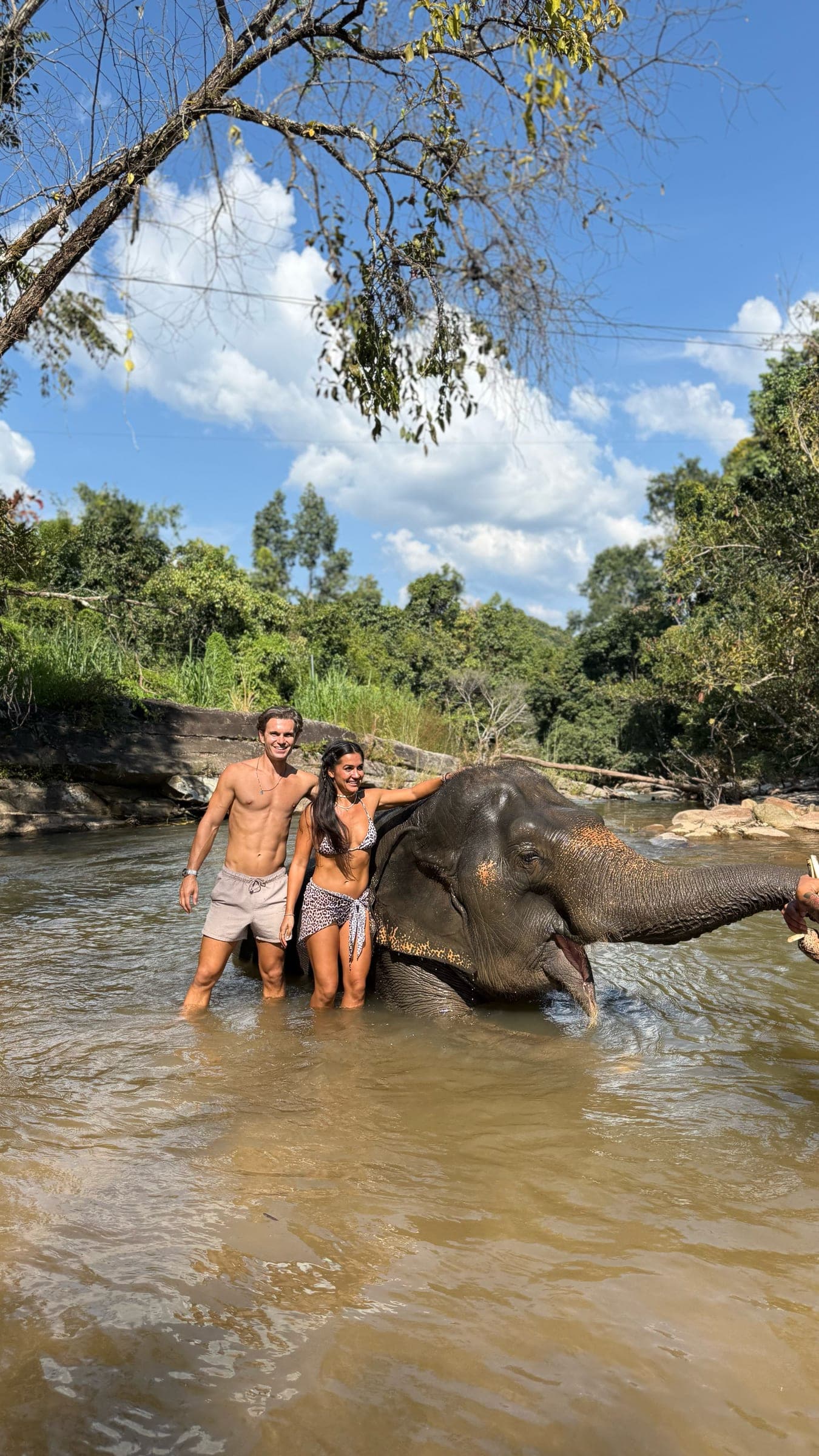 A couple standing in a shallow river beside an elephant on a Chai Lai Orchid tour in Mae Wang, outside Chiang Mai