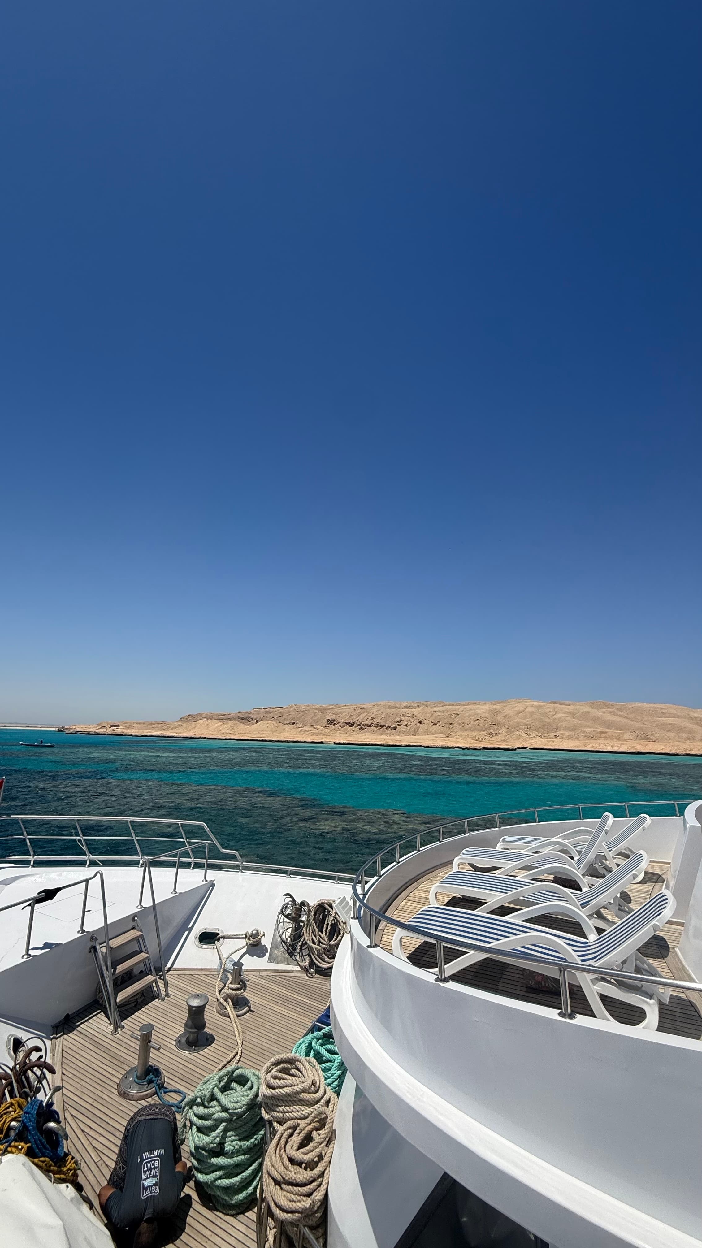 A yacht-style dive boat anchored over the reef near the Giftun Islands, Hurghada