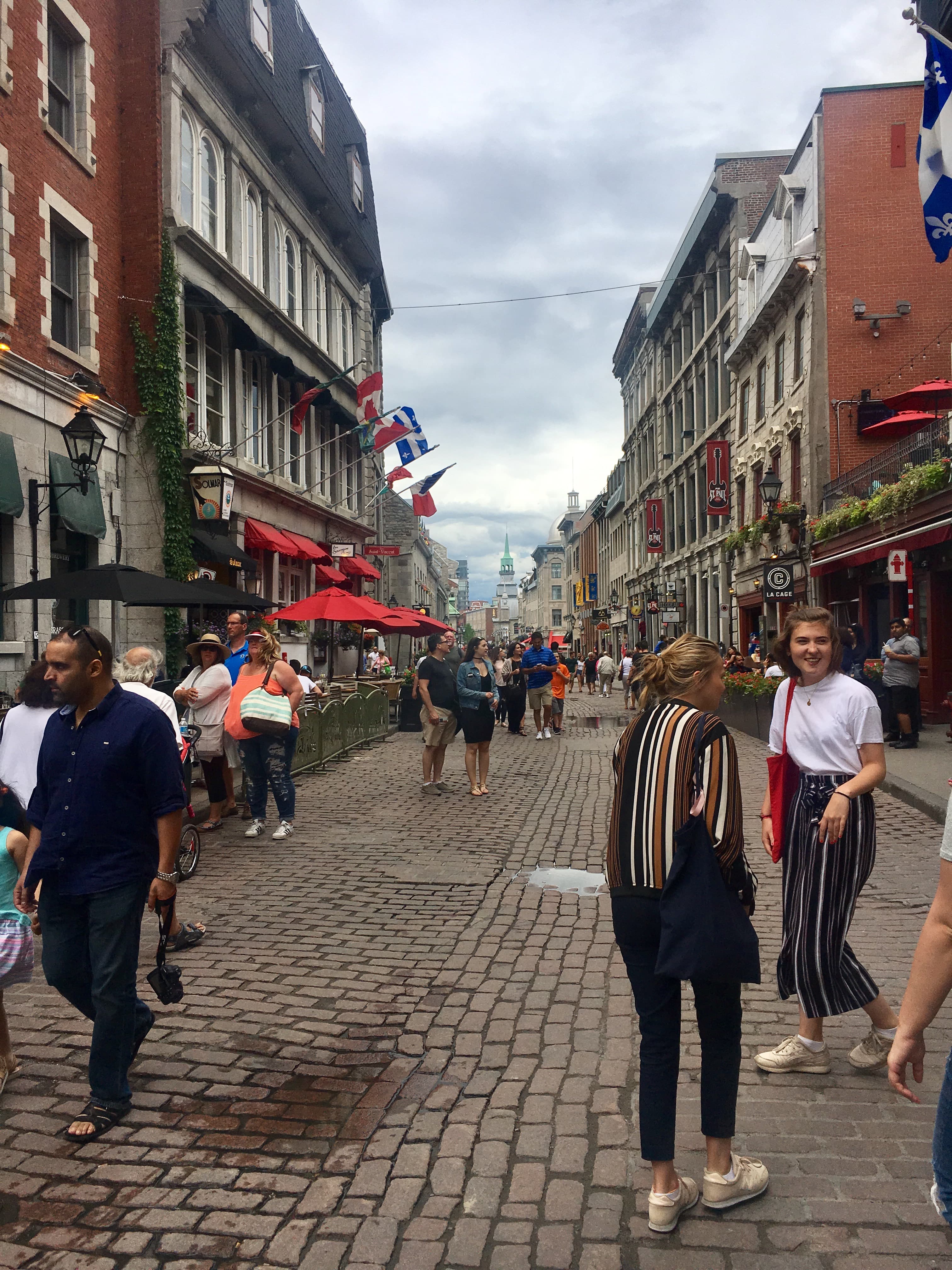 The cobblestone streets and stone buildings of Old Montreal, Canada