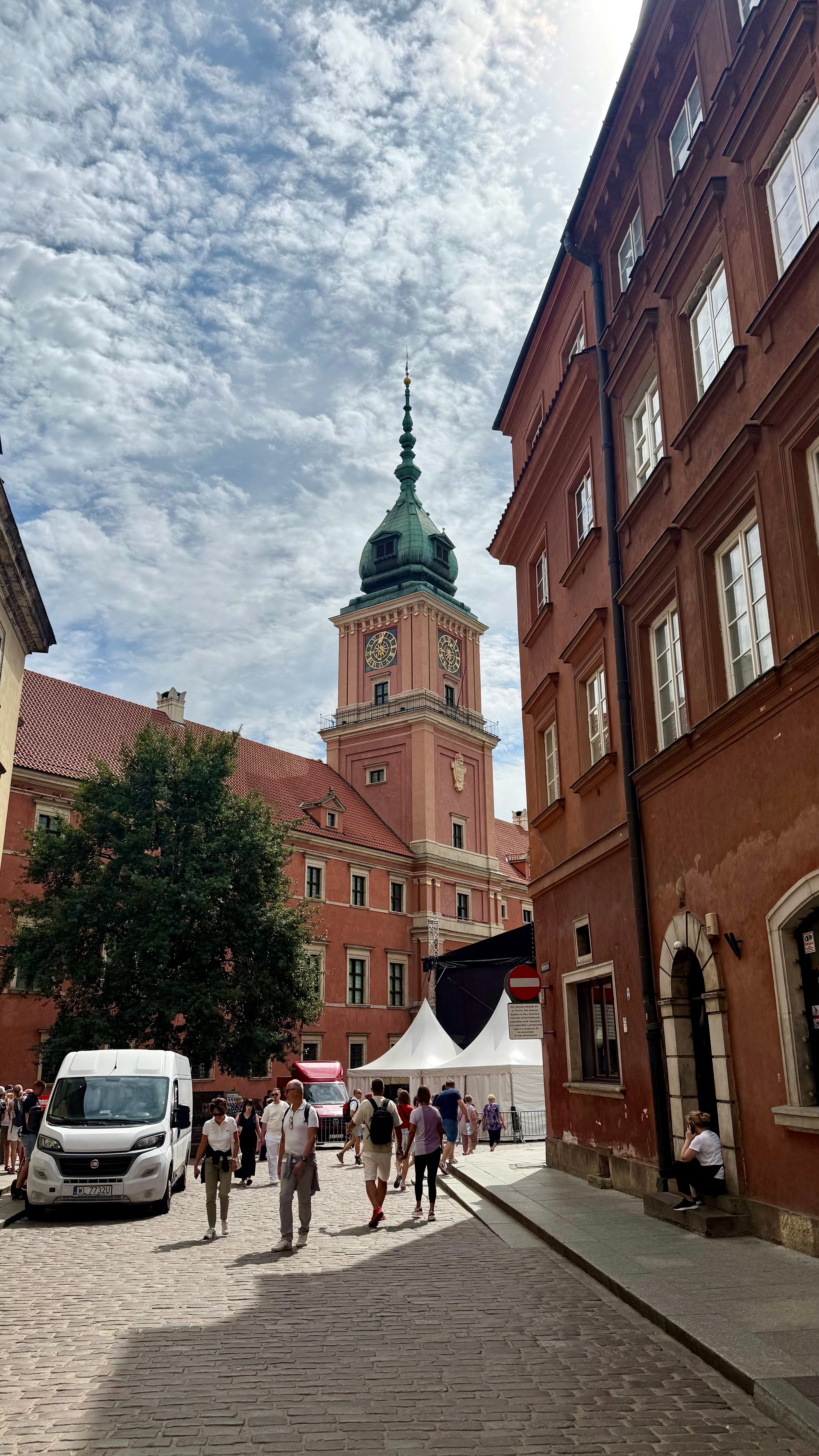 A restored brick church in Warsaw's Old Town, rebuilt after wartime destruction